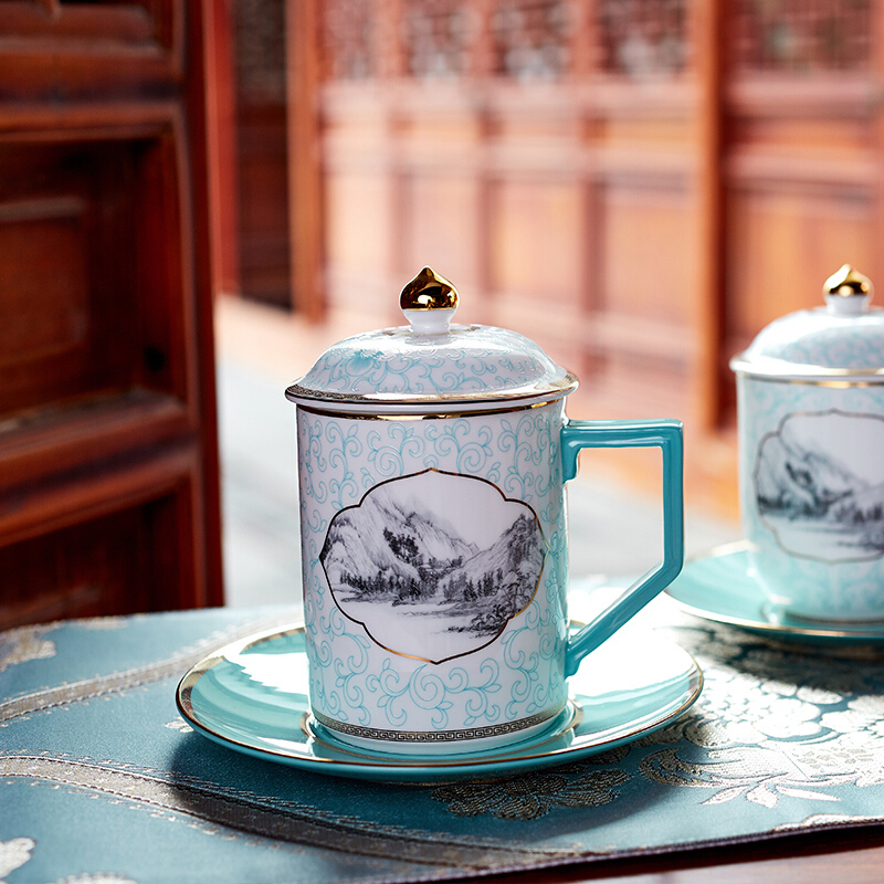 丝路茶杯珐琅彩骨瓷带盖办公杯